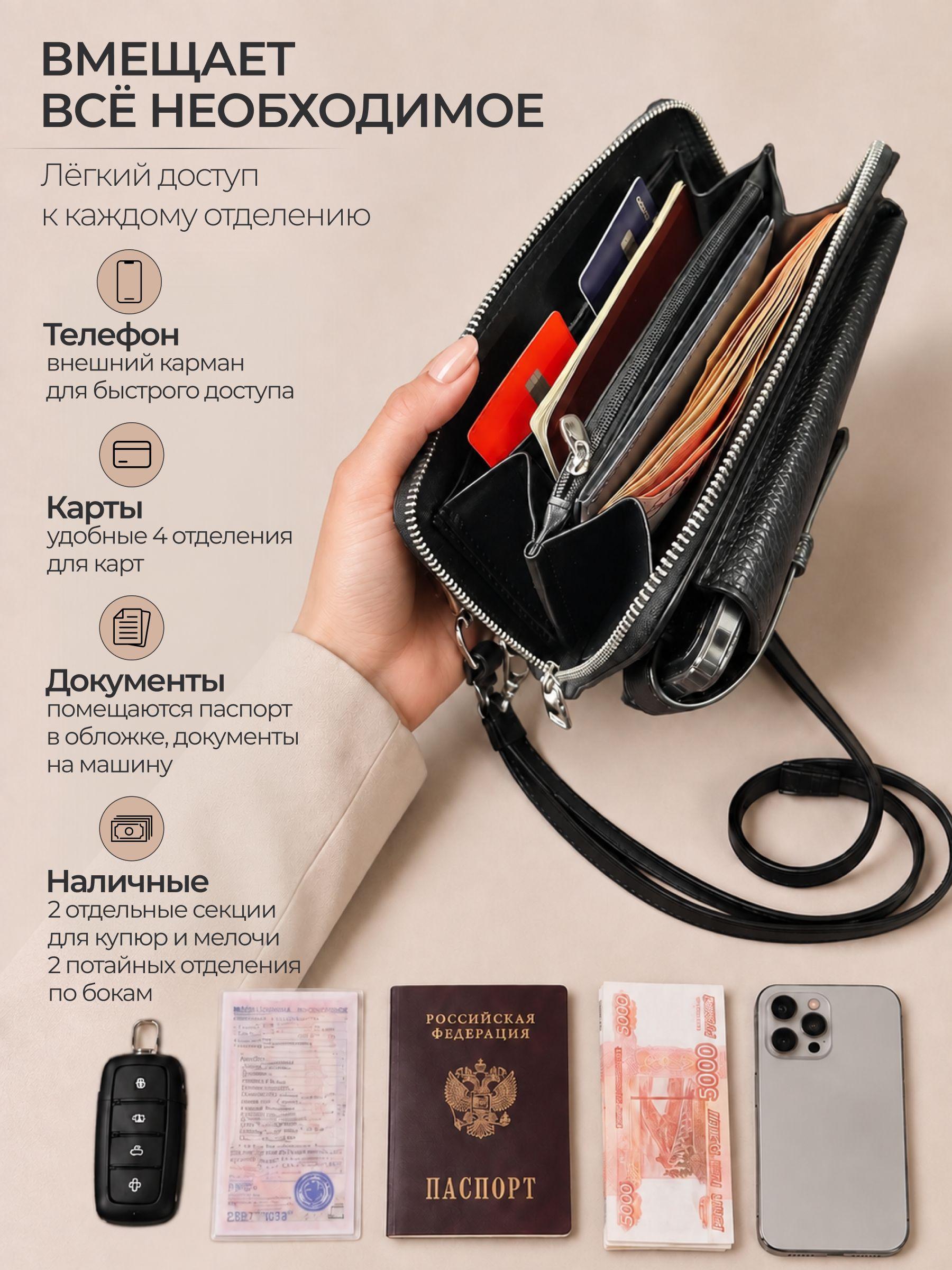 Сумка кросс-боди для телефона из натуральной кожи, чёрная